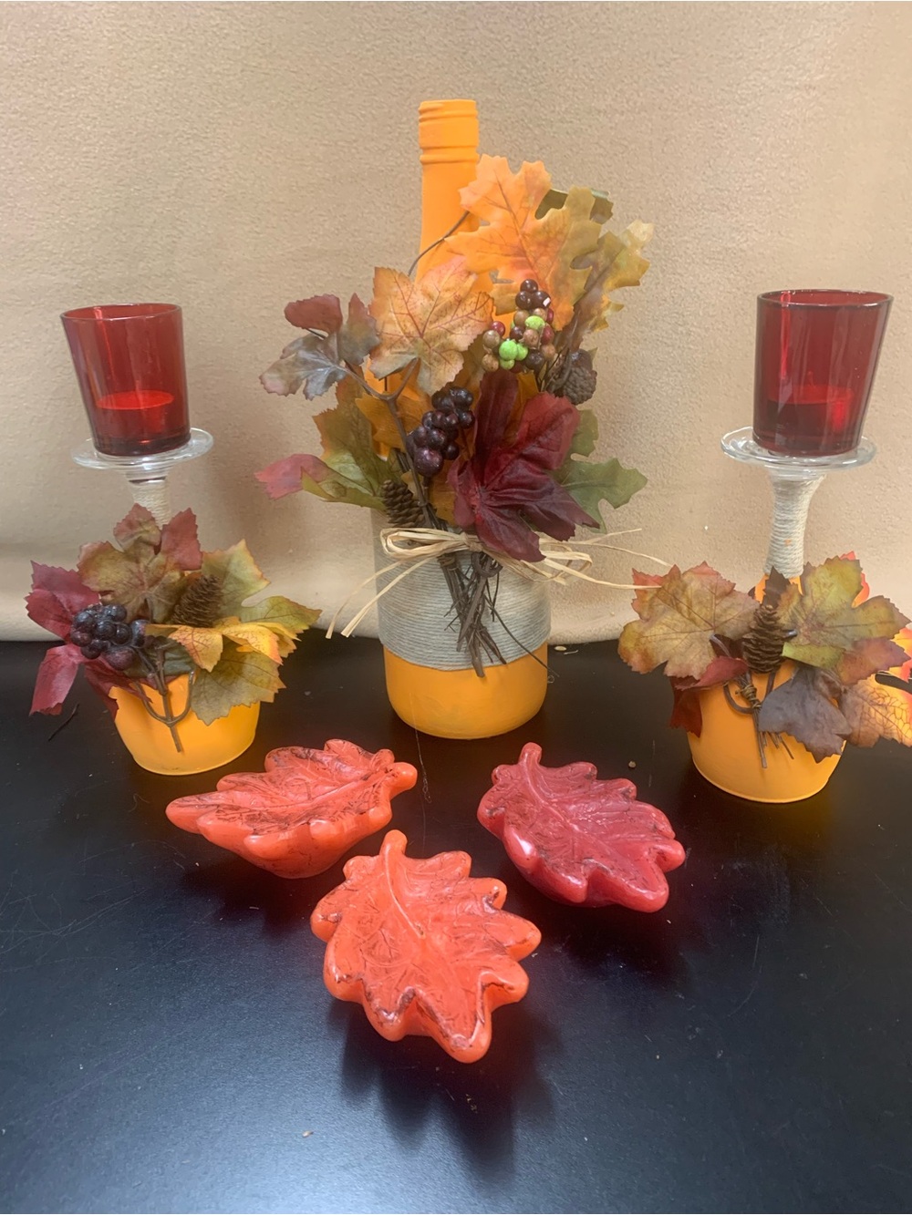 Autumn Orange Faux Floral Bottle & Leaf Accent Set